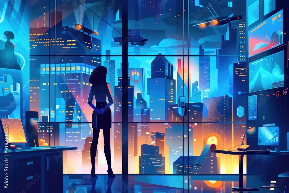 Poster A woman stands in front of a large window with a view