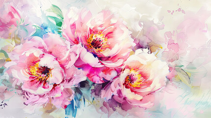 Watercolor peonies in dry brush style, bold strokes with vivid spring colors, lively composition, clean background