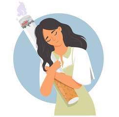 Young woman smoking having nicotine addiction vector illustration. Female character hugging cigarette suffering from harmful bad habit