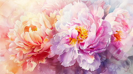 Watercolor peonies in wet-on-dry style, detailed petals in vibrant spring colors, pastel background