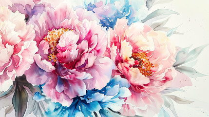 Watercolor peonies with color mixing on paper, vibrant and natural blending of spring colors, light background