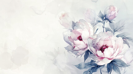 Watercolor peonies with feathering, smooth and flowing edges, elegant and delicate, clean background