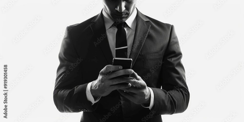 Poster a man in a suit holding a cell phone, possibly checking emails or texts