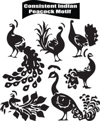 Fototapeta premium Consistent Indian Peacock Motif Black Silhouette Design Elements