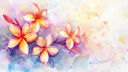 Watercolor plumeria detailing with fine brushes, intricate and vibrant designs, light background