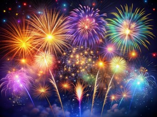Vibrant colorful fireworks explode in the dark night sky, illuminating a velvet expanse with shimmering lights, sparkling trails, and radiant bursts of joy and celebration.