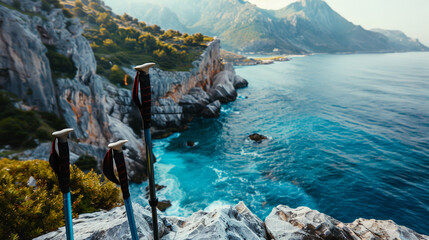 Two hiking poles stands on the shore of a ocean with mountains on background. Travel and trekking products.