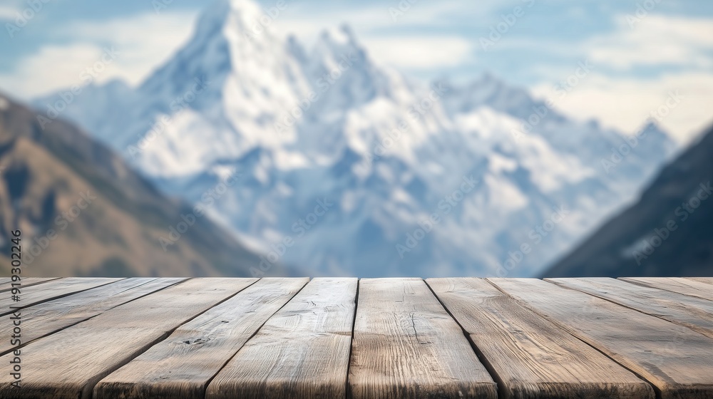 Wall mural empty wooden table with mountain view