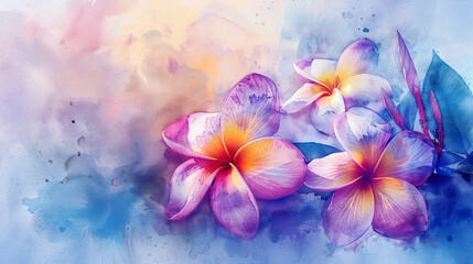 Watercolor plumeria pudica using layering (glazing), creating depth with rich purples and blues, elegant texture, light background