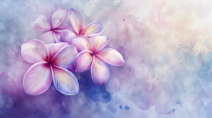 Watercolor plumeria pudica using layering (glazing), creating depth with rich purples and blues, elegant texture, light background