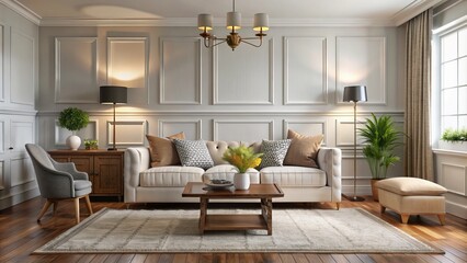 Elegant white wainscoting adorns a rustic living room wall, blending traditional style with modern charm, creating a warm and inviting atmosphere.