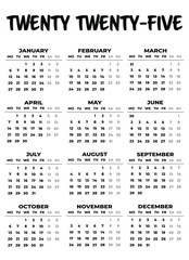 2025 Monday Start Portrait Black and White Calendar. 2025 Monday Start Vertical Black and White Calendar Template. Simple calendar for year 2025 isolated on white background. Vector illustration.