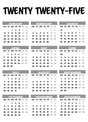 2025 Monday Start Portrait Black and White Calendar. 2025 Monday Start Vertical Black and White Calendar Template. Simple calendar for year 2025 isolated on white background. Vector illustration.