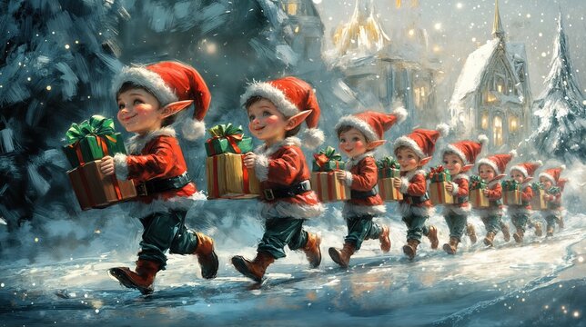 A group of young, joyful elves dressed in red and green outfits carrying wrapped gifts through a snowy, festive landscape. 