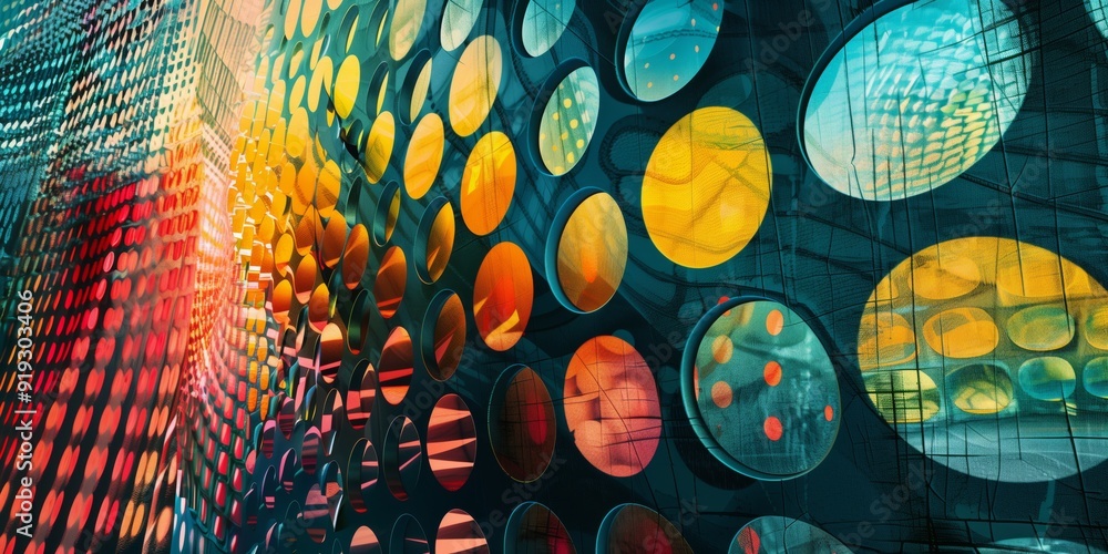 Poster abstract background with a grid and abstract round shapes, bright tones, artistic style.