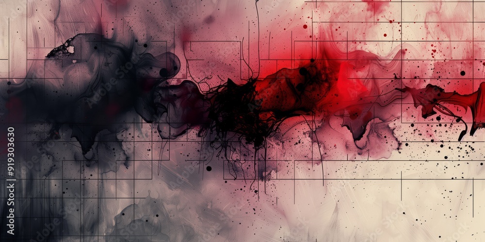 Aufkleber abstract background with a grid and abstract ink splashes, dark and light tones, artistic style.