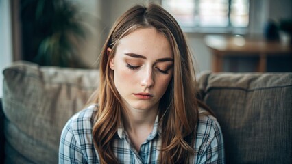 Fatigued young woman sitting on couch, eyes closed, with pale skin and dark circles, conveying feelings of exhaustion, weakness, and emotional drain.