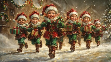 A group of Christmas elves, dressed in festive attire, carrying wrapped gifts as they march through a snowy landscape. The scene is joyful and full of holiday spirit.