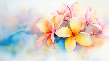 Fototapeta premium Watercolor tropical plumeria with feathering, smooth and delicate edges, light background