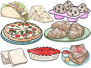 Kebab,Pizza,Cheese,Pies and Bread.Creative illustration in flat design.