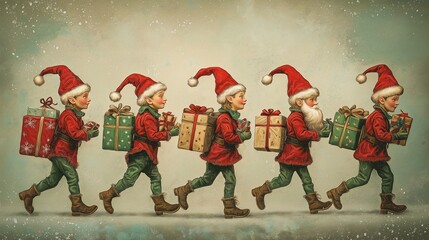 A joyful group of Christmas elves, dressed in red and green, marching through a snowy landscape carrying wrapped presents. The scene is set in a festive winter wonderland.