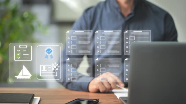 man at computer gets boat driving license taking examination test online,person filling quiz questionnaire to achieve skipper sailing permission