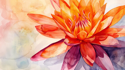 Watercolor tropical water lily in wet-on-dry style, detailed petals in vibrant reds and oranges, pastel background