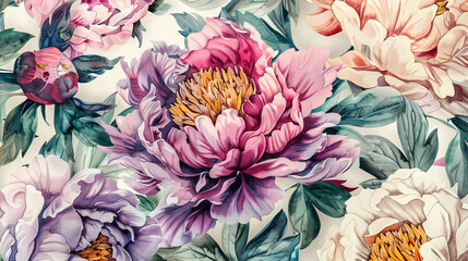 Watercolor vintage peony patterns with ink and wash combination, intricate and colorful, light background