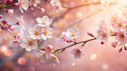 Obraz premium Delicate petal-like skin tones and soft focused cherry blossoms surround a serene Asian-inspired background, evoking a sense of tranquil beauty and elegant refinement.