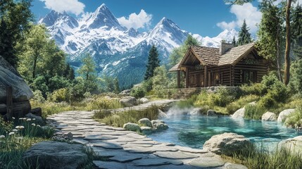 Naklejka premium Peaceful mountain retreat with a cozy log cabin, a serene pond, and a stunning snow-capped mountain backdrop, symbolizing tranquility and nature's beauty