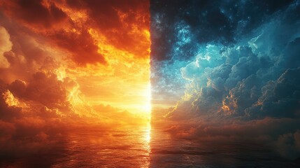 3D Render of a Landscape Divided: One Side Depicting Heaven, the Other Hell in Vivid Detail