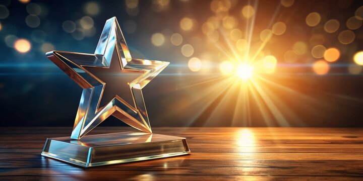 A majestic star-shaped glass award radiant with excellence, positioned on a vibrant, glowing table, exuding success, achievement, and recognition in a luxurious ambiance.