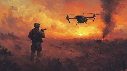 Powerful drone hovering in a dramatic sunset with a soldier observing the battlefield below, symbolizing modern warfare and advanced military technology