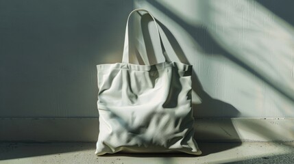 A white tote bag leaning against a brick or concrete wall, great for backgrounds, lifestyle and everyday scenes