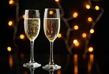 Two glasses of champagne on a black background with Christmas garland lights.