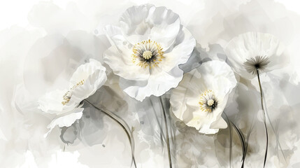 Watercolor White poppies with blotting, soft and airy, delicate and gentle, light gray background