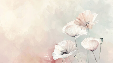 Watercolor White poppies with gradients and fading, smooth transitions and delicate colors, light background
