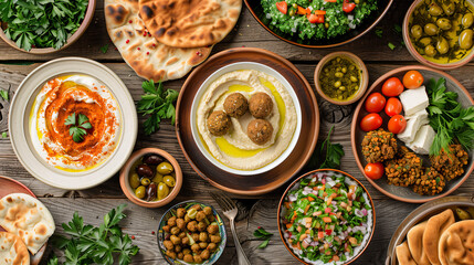 a Mediterranean feast, featuring dishes like hummus, falafel, tabbouleh, and pita bread, all arranged on a rustic wooden table with olive oil and fresh herbs