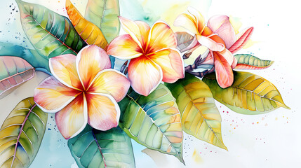Obraz premium Watercolor plumeria pudica detailing with fine brushes, intricate and delicate, vibrant colors, light background