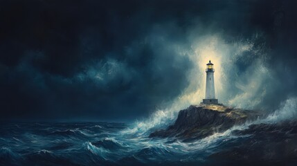 Fototapeta premium Serene oil painting of a lighthouse standing tall against a stormy sea, symbolizing guidance, hope, and resilience in the face of adversity