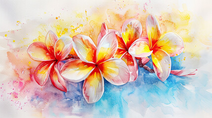 Fototapeta premium Watercolor plumeria pudica detailing with fine brushes, intricate and vibrant designs, light background