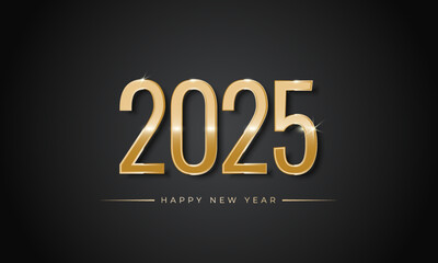 Happy New Year 2025 gold 3D text. Holiday elegant greeting card, banner, poster on black background.Vector Illustration.