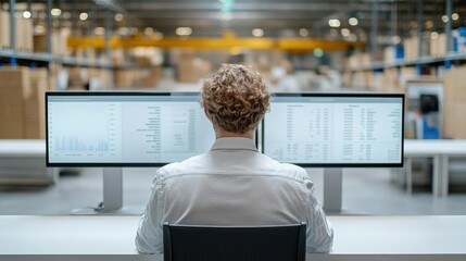 Logistics planner analyzing real-time data on a multi-screen dashboard, logistics planning, strategic supply chain management