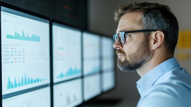 Logistics planner analyzing real-time data on a multi-screen dashboard, logistics planning, strategic supply chain management