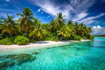 Obraz premium Stunning turquoise lagoon surrounds a picturesque tropical island with swaying palm trees, powdery white sandy beach and a vibrant green forest in the Maldives.