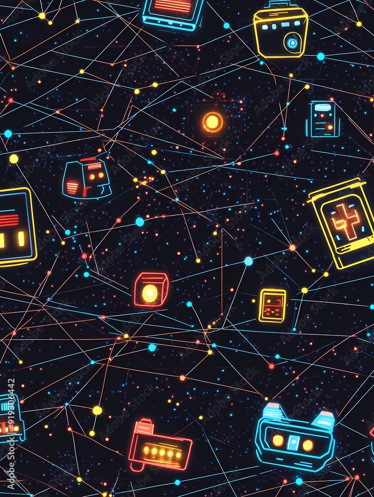 Poster abstract neon pattern of glowing connected icons on a black background.