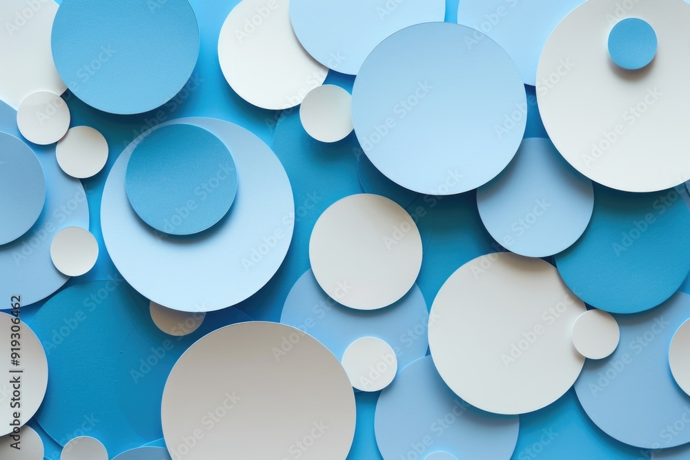 Poster Abstract design featuring circular shapes on a blue and white background, suitable for various uses such as infographics, presentations, or backgrounds