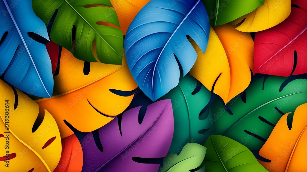 Poster a colorful leafy background with a variety of different colored leaves. the leaves are arranged in a