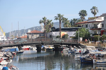 Bridge over a canal with boats in Marmaris, Turkey, 2023