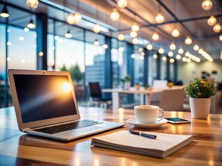 Modern business office with blurred bokeh background, empty workstation, computer, notebook, and coffee cup, epitomizing a busy yet unattended workspace atmosphere.